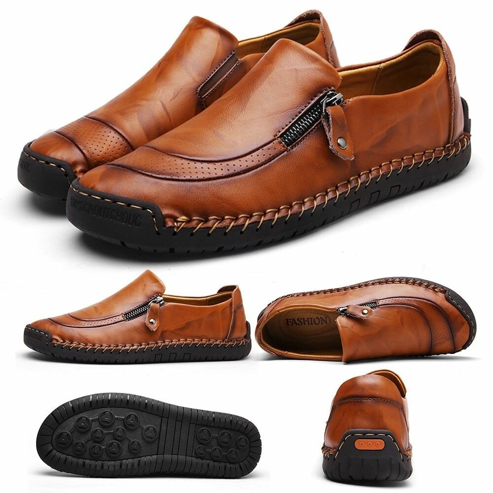 Sapatos casuais de couro com zíper para homens, respiráveis e antiderrapantes, mocassins