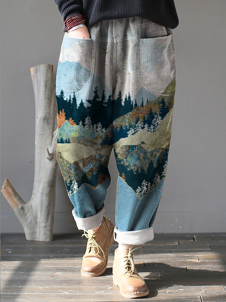 

Women Landscape Print Corduroy Elastic Waist Loose Casual Vintage Pants