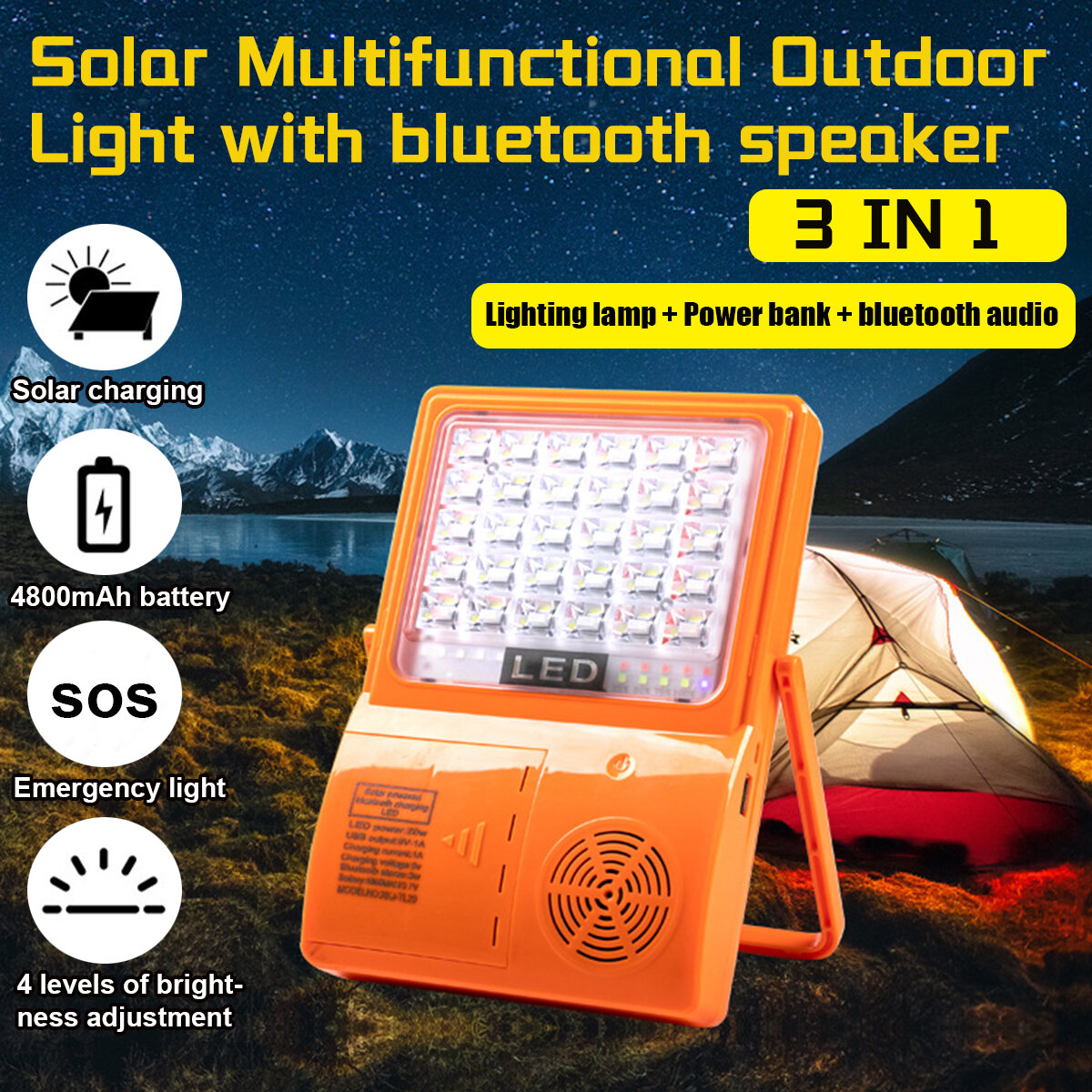 Multifunction Outdoor LED Solar Light Portable Adjustable 4800mAh 4 Levels bluetooth Speaker Lamp
