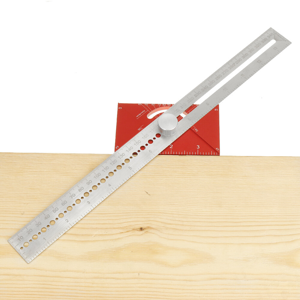 350mm Multifunctional Angle Drawing Ruler with Imperial and Metric Scale Hole Positioning Ruler Wood