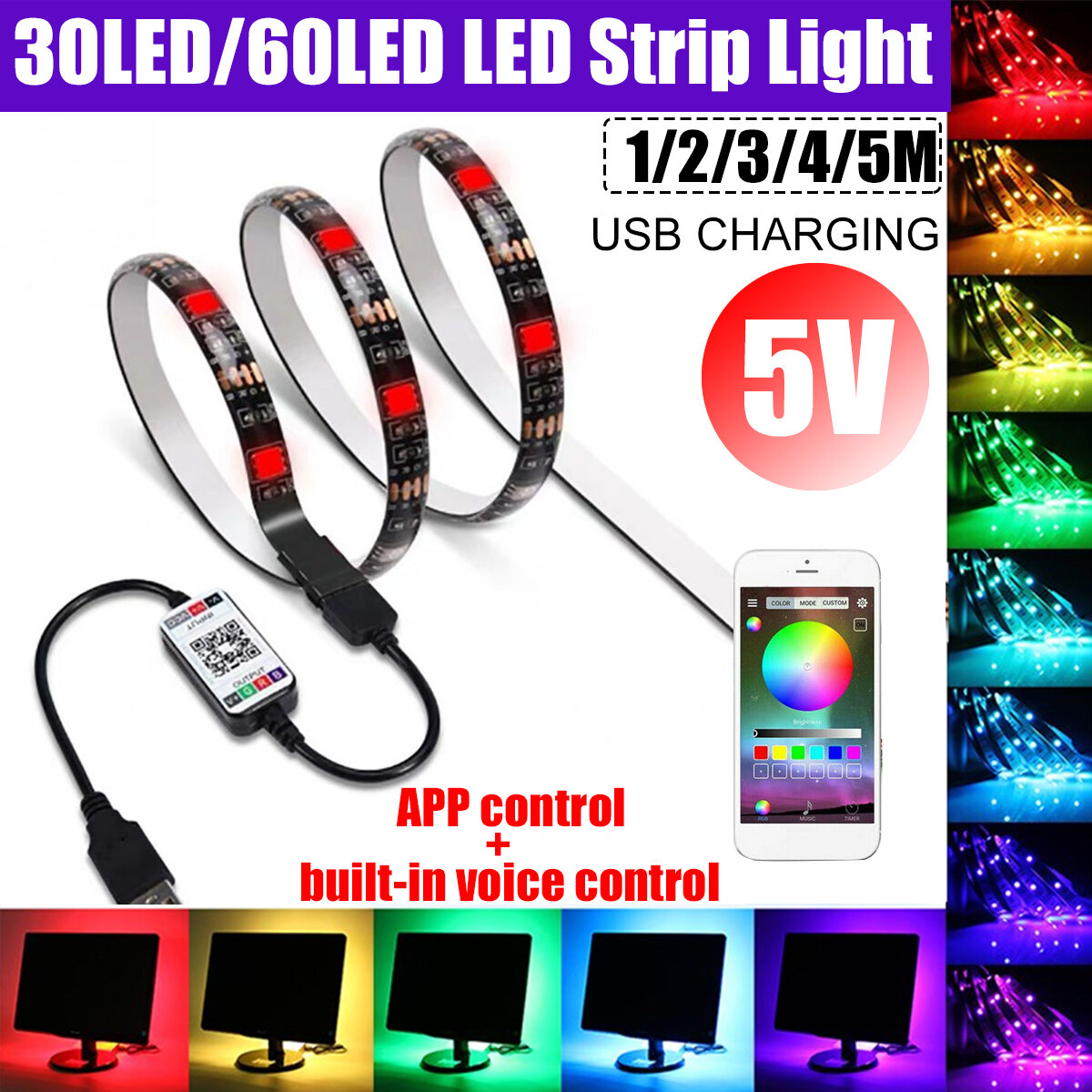 1M 2M 3M 4M 5M USB bluetooth RGB LED Strip Light 5050 APP Spraakbesturing Niet-waterdichte lamp voor