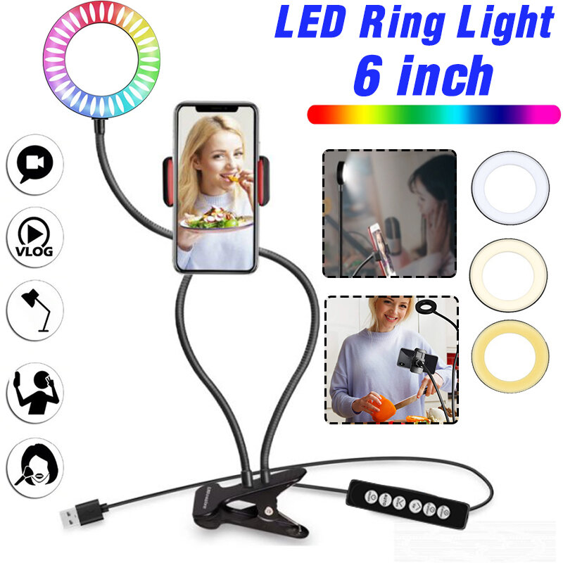 6 RGB LED Ring Light Clamp Camera Mobiele Telefoon Telefoon Webcam Houder Live Stream