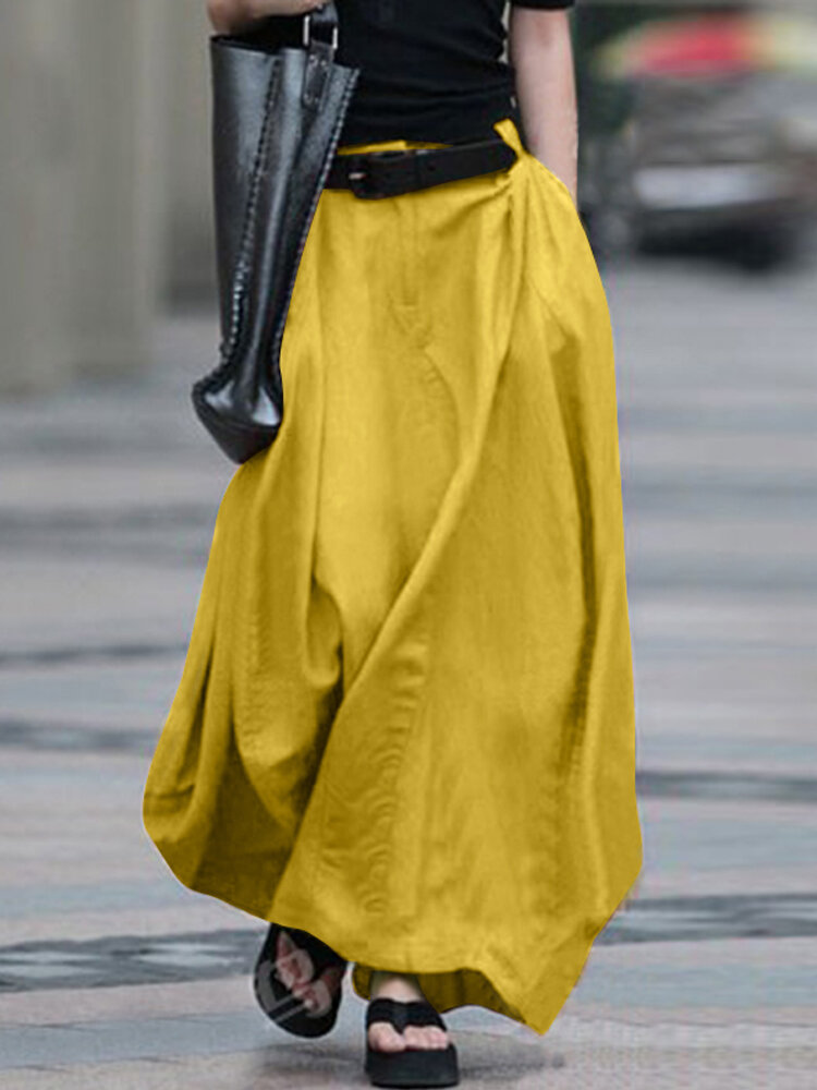 Femmes coton taille haute élastique poche latérale fermeture éclair jupes décontractées solides