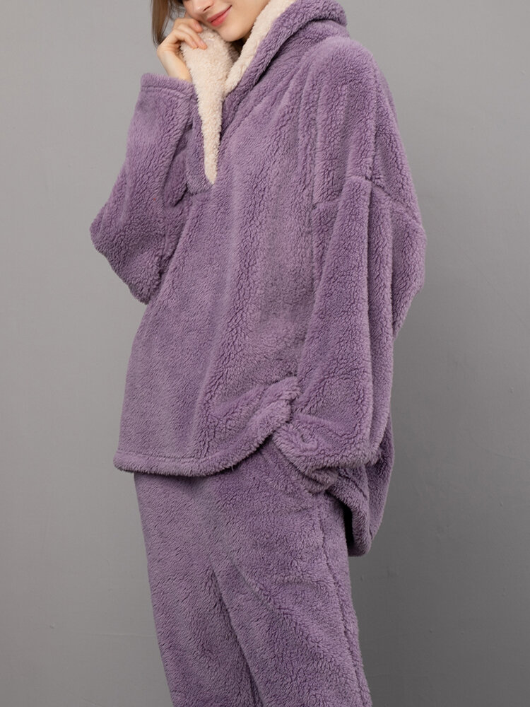 Dames Fluffy Pluche Dikker Revers Hoog Laag Zoom Loungewear Warme Pyjama Set