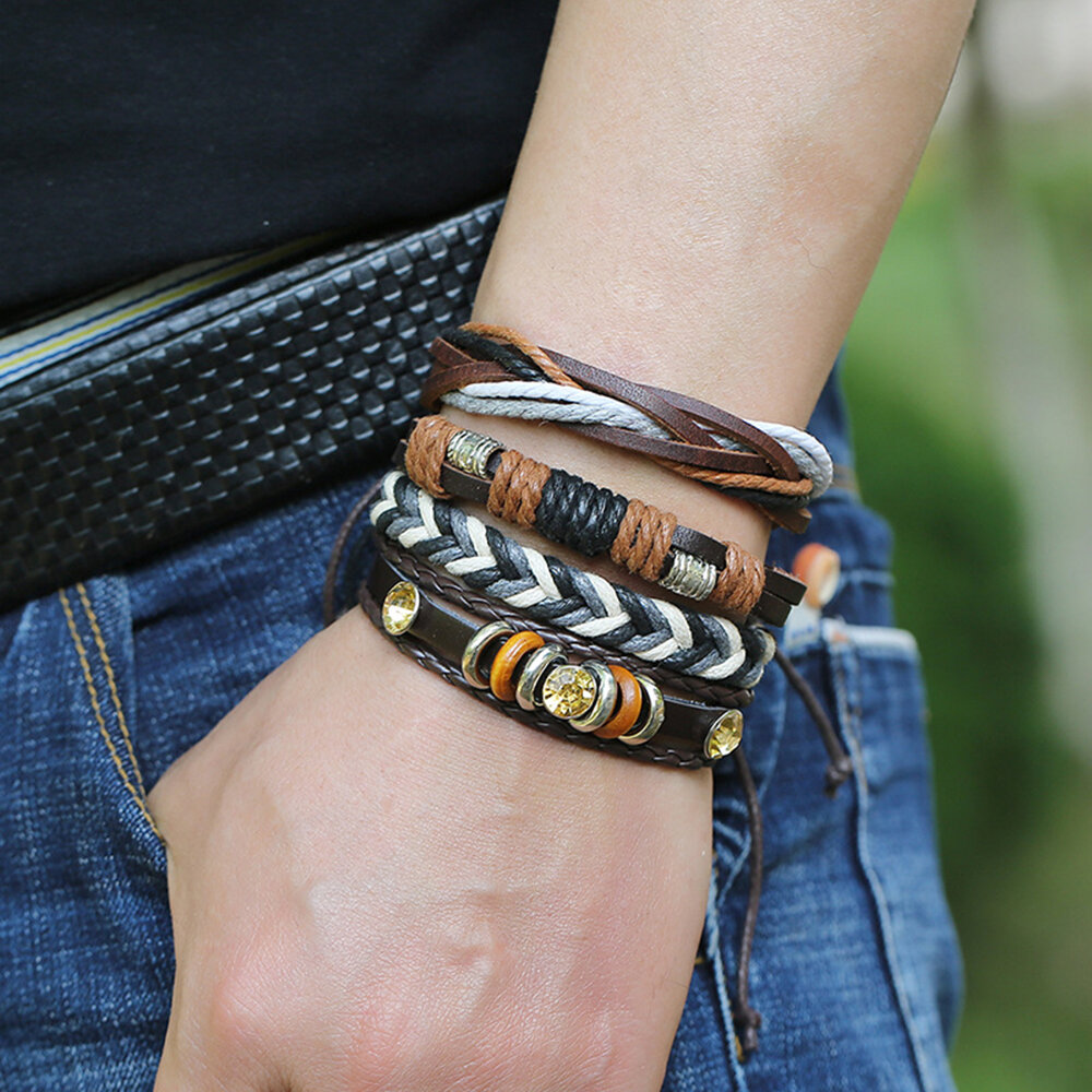 

4 Pcs Men's Vintage Cowhide Leather Multilayer Hemp Rope Combination Braided Bracelets