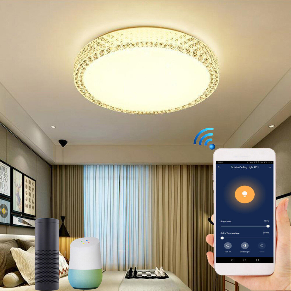 

48W Wifi Smart Ceiling Light Intelligent Crystal Ceiling Lamp WW+CW Dimmable AC85-265V APP Control Works With Alexa Goog