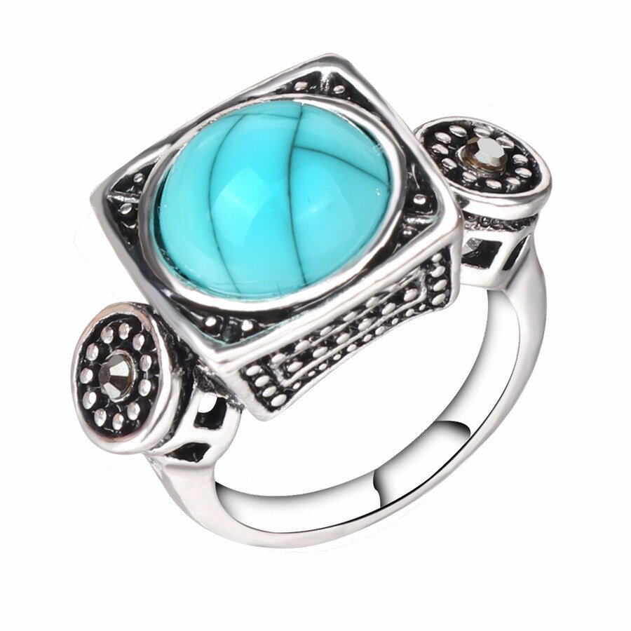 Mode Blauw Turkoois Kristal Vinger Ring Geometrisch Antiek Zilver Ringen Etnische Sieraden
