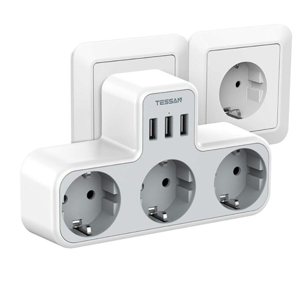 TESSAN TS-323-DE German/EU 3600W Wall Socket Extender with 3 AC Outlets/3 USB Ports 5V 2.4A Power Adapter Overload Prote