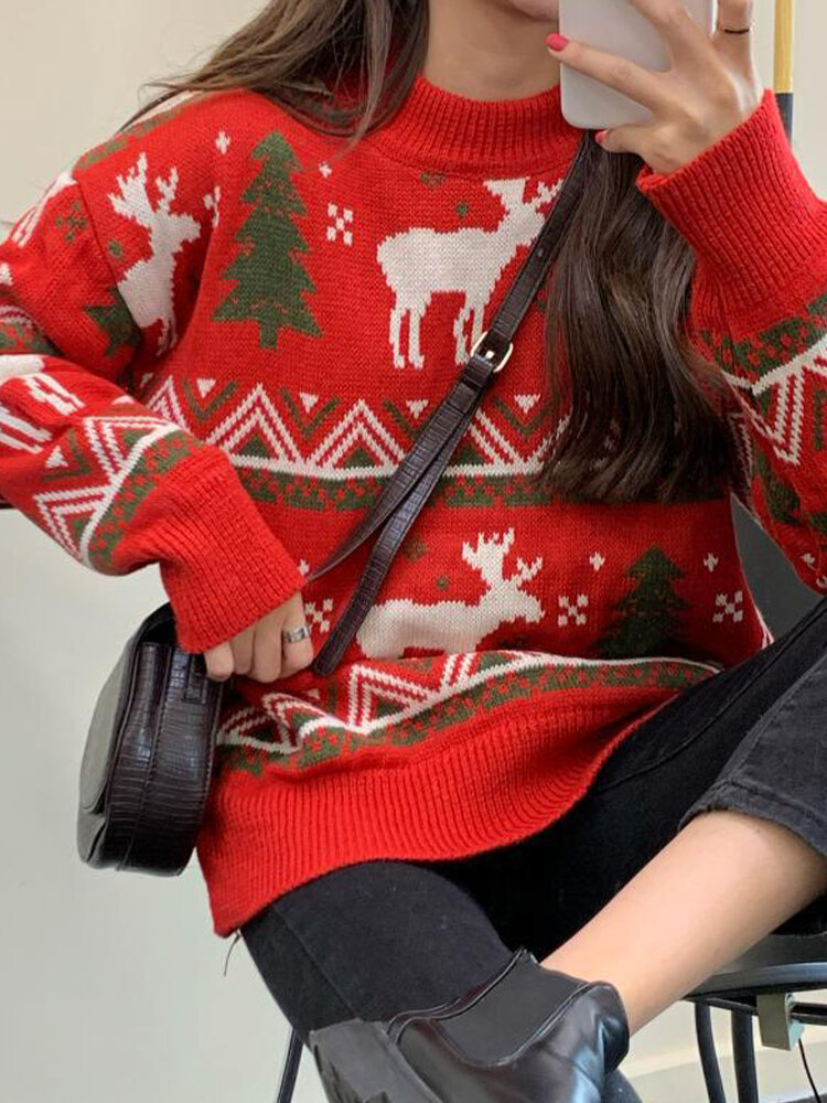 Women Christmas Pattern Print Crew Neck Thick Warm Casual Knitted Sweater
