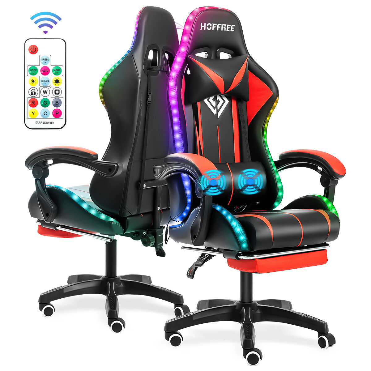 Hoffree Massage Gaming Chair Recliner Racing Chair RGB LED Lights with Footrest