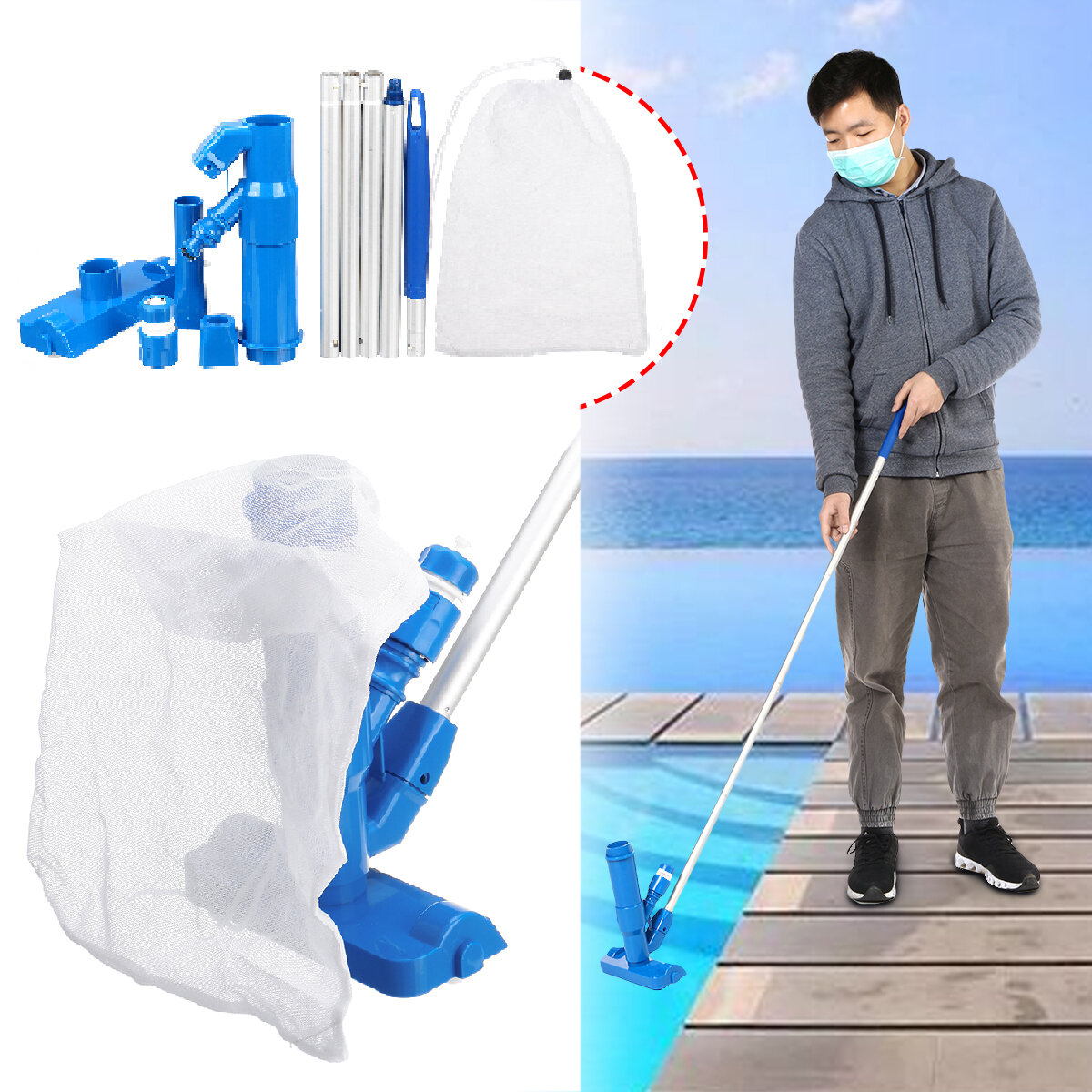 120CM Pool 5 Section Pipe Cleaner Portable Swimming Pool Pond Fountain Vacuum Brush Cleaner Cleaning Tool