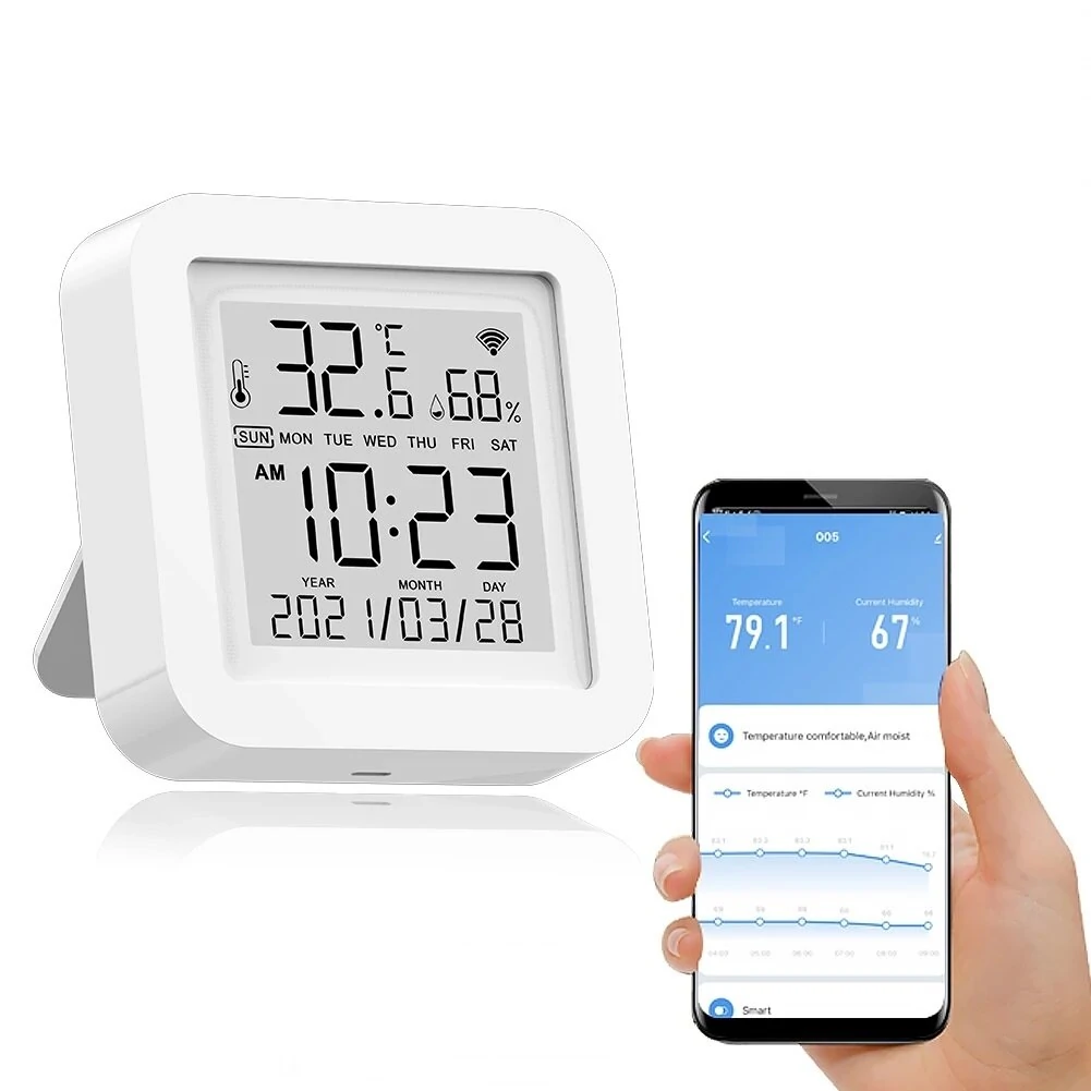 

Tuy WIFI درجة الحرارة الرطوبة ذكي المستشعر ساعة حائط التحكم عن بعد مراقبة  Alexa Google Assistant 


