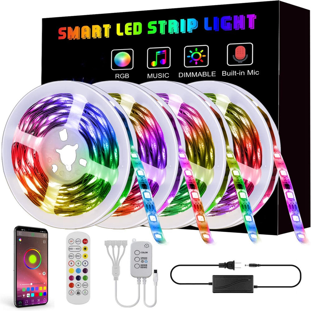 65.6FT 10M/15M/20M 5050 Smart LED Strip Light Non-waterproof RGB Rope Lamp with bluetooth Music Controller+Remote Control Christmas Decorations Clearance Christmas Lights