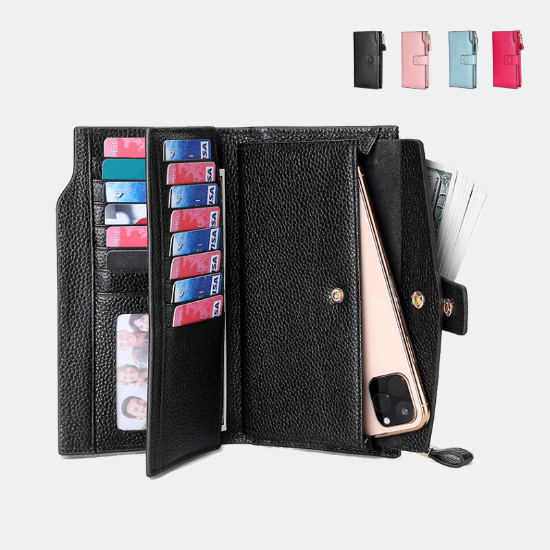 Unisex Genuine Leather RFID Anti-theft Lychee Pattern 5.8 Inch Phone Bag Clutch Purse Multi-slot Card Holder Wallet