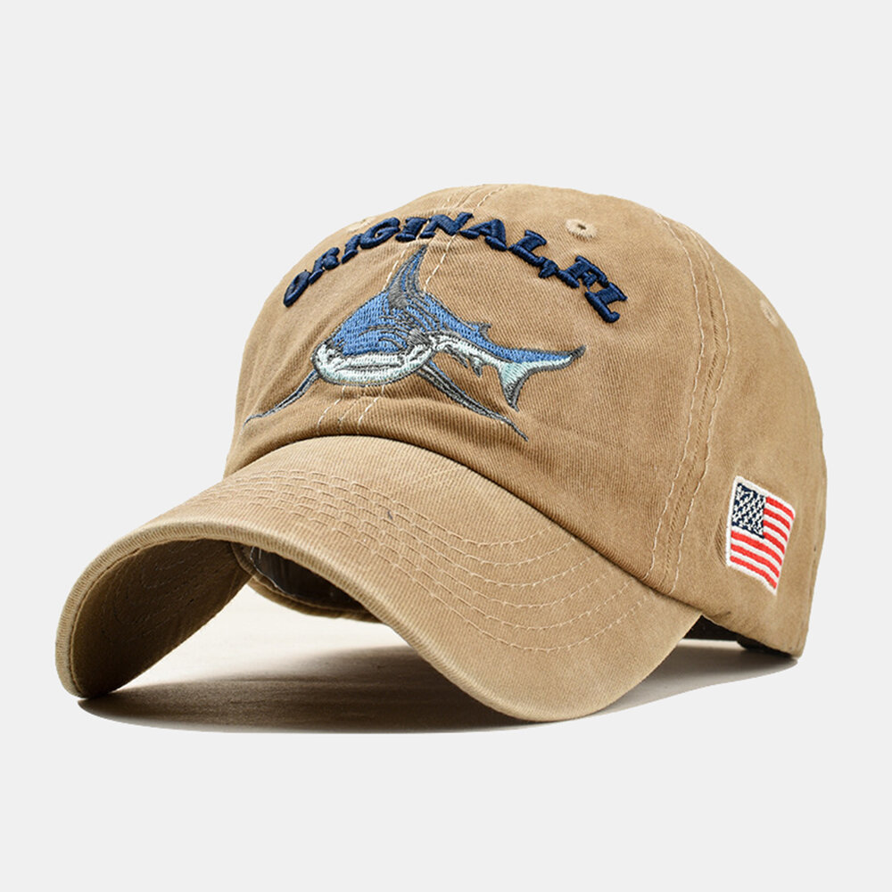 Men Women Denim Sunshade Hat Embroidered Letter Shark Washed Baseball Cap