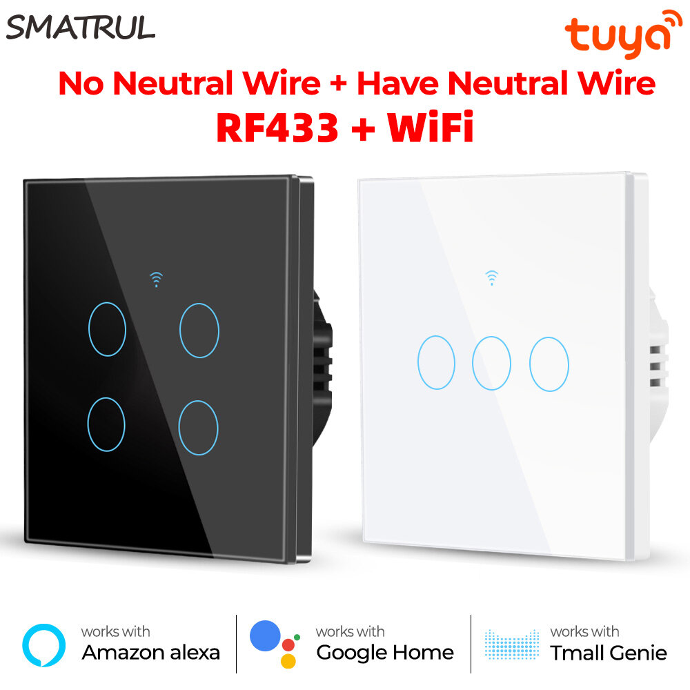 

Smatrul Tuya WiFi Light Switch 220V RF433 Remote Control No Neutrual Wire And Have Neutural Wire 2 Way Control Timer Wor