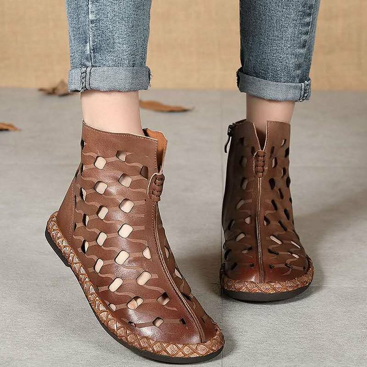 60% OFF on Women Retro Soft Breathable Hollow Out Zipper Flat Ankle Boots