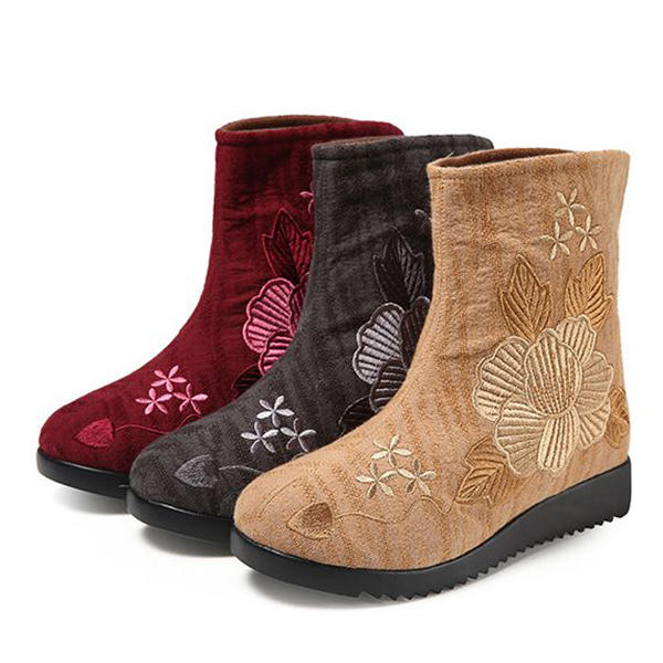 43% OFF on Embroidered Flower Fur Lining Cotton Ankle Boots For Women