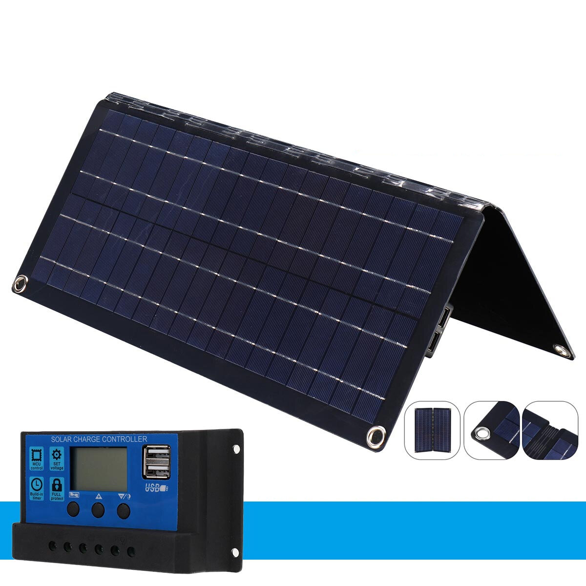 ainel solar monocristalino dobrável de 20W com controlador, recarregável e portátil para camping e montanhismo ao ar livre.