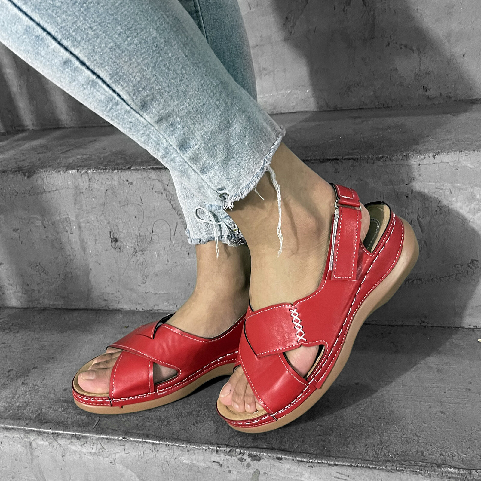 Plus Size Women Casual Comfy Hook & Loop Summer Vacation Handmade Stitching Wedges Sandals