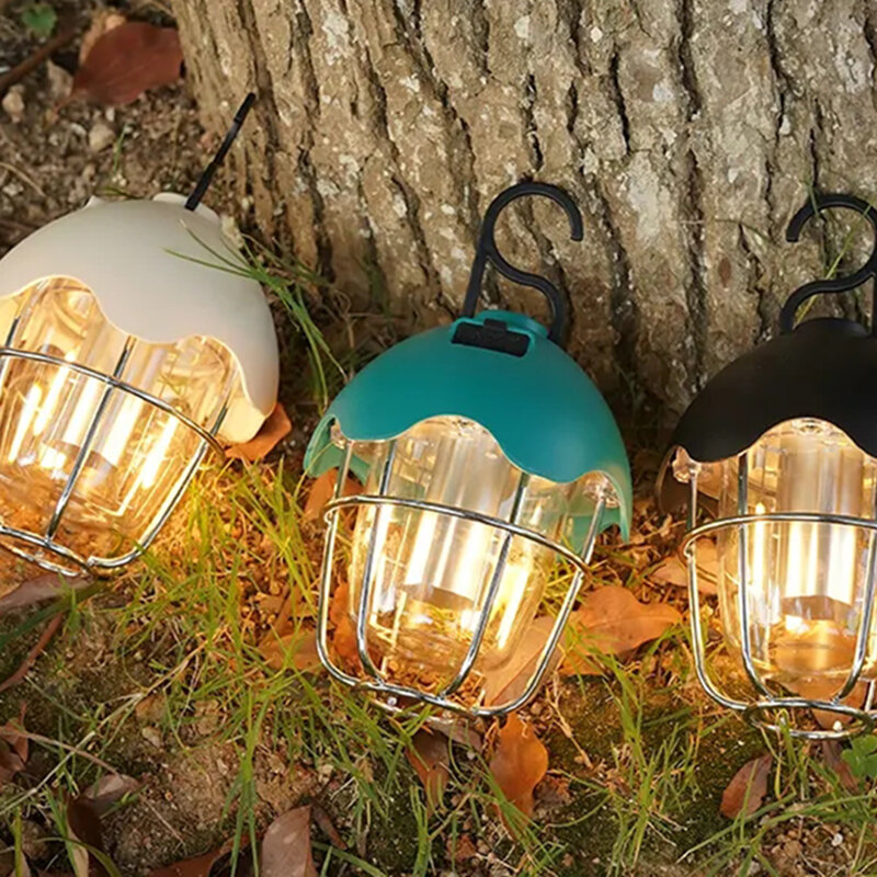 Lampe de camping LED rechargeable Type-C 1200mAH, lampe de tente portable multifonction avec crochet, lampe d'ambiance rétro, lampe de poche pour étal