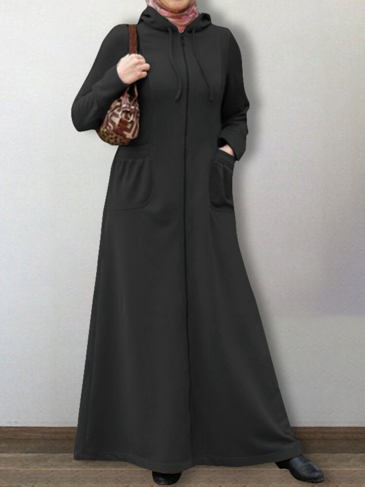 Dames Abaya Kaftan Hooded Effen kleur Enkellange Casual Midi-jurken