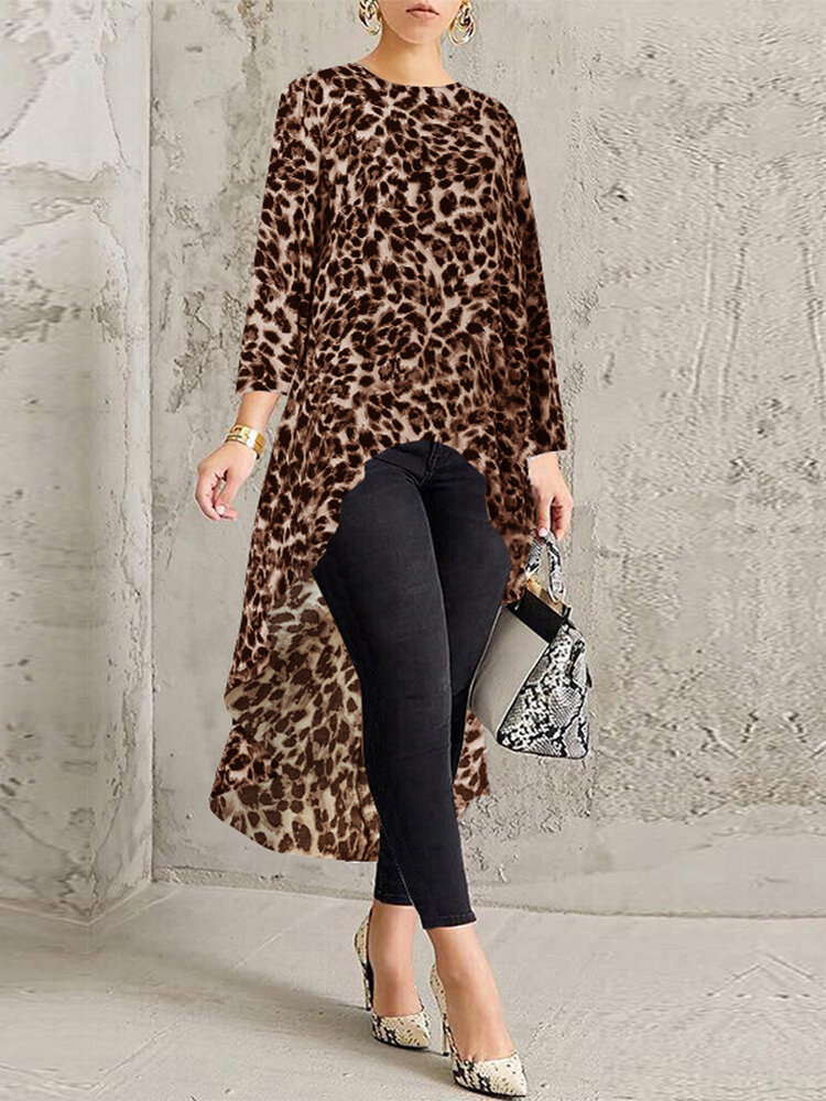 Casual Loose Crew Neck Long Sleeve Leopard Print High Low Hem Blouse For Women