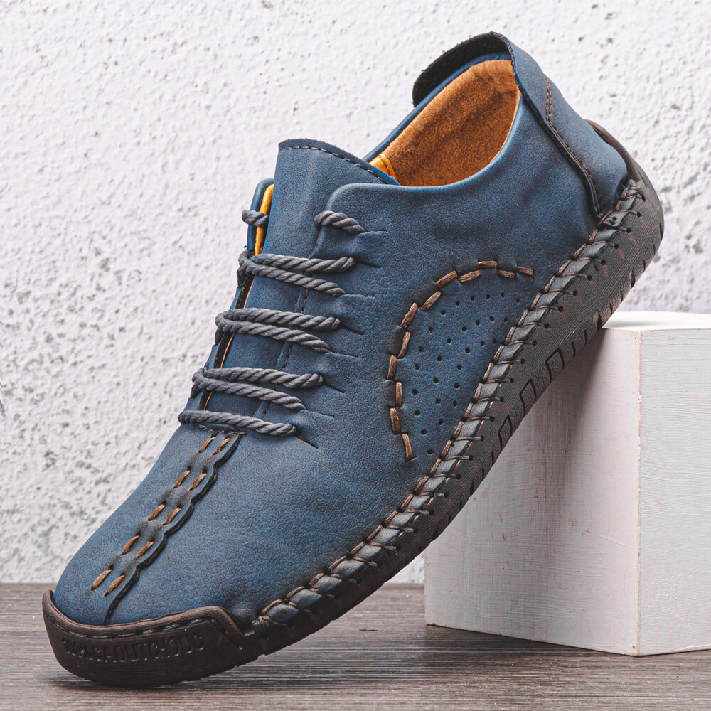 Men Leather Hand Stitching Breathable Hollow Out Soft Sole Comfy Pure Color Lace Up Casual Shoes