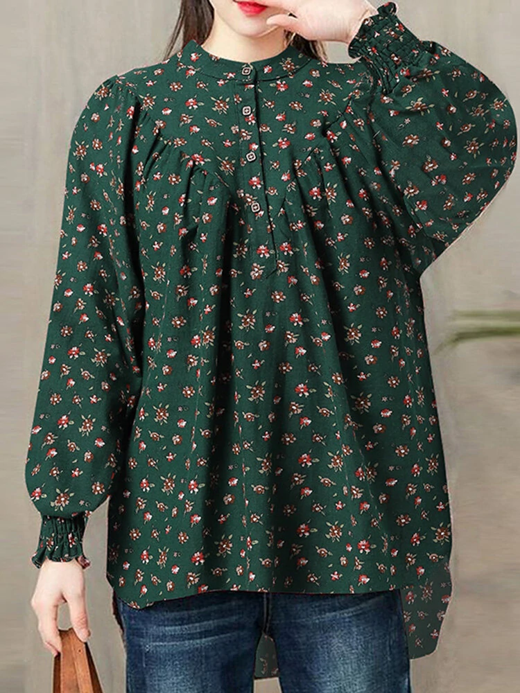 Ditsy floral print button shirred long sleeve blouse