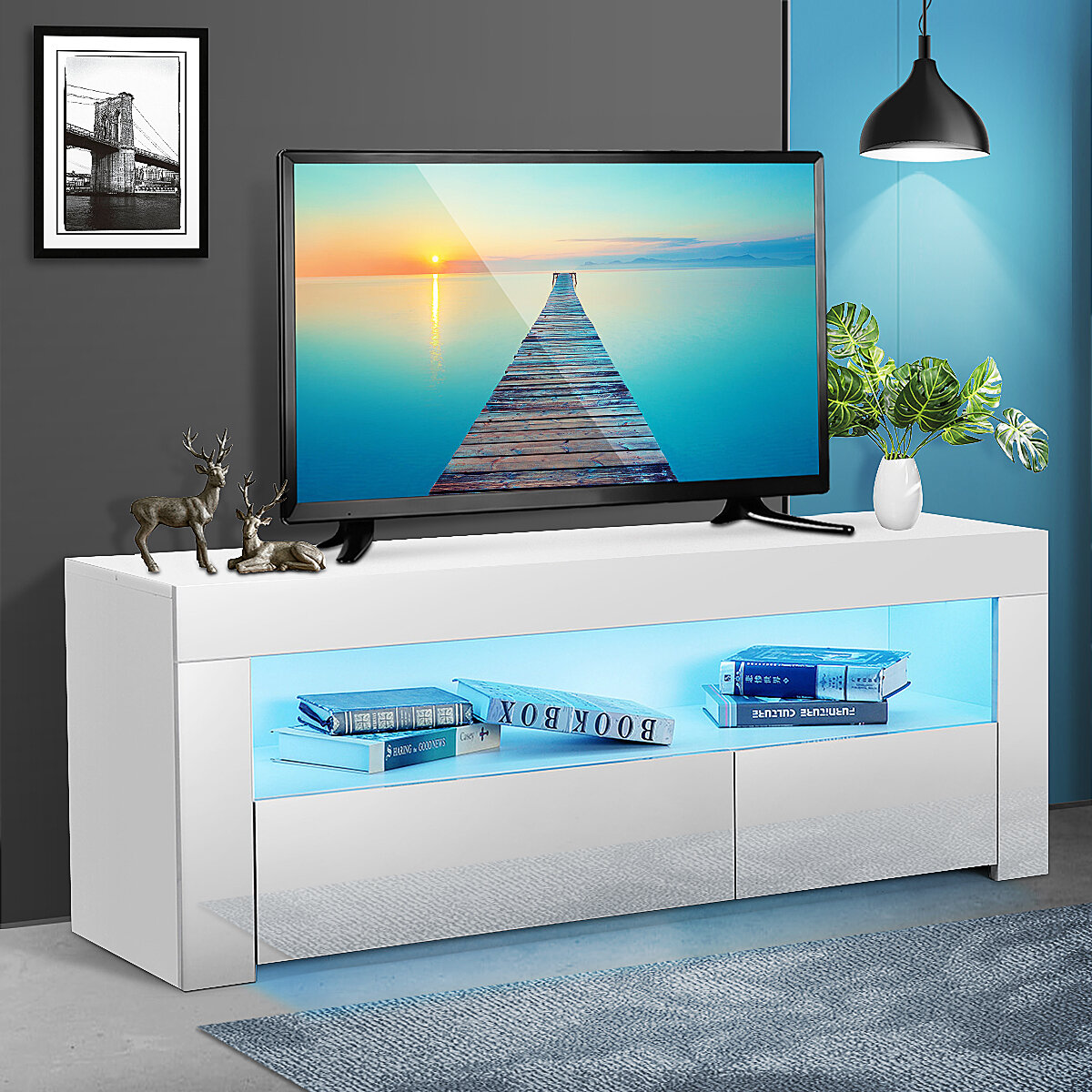

Woodyhome 47-дюймовая глянцевая подставка для телевизора с подсветкой LED Держатель для ТВ-консоли с большим пространств