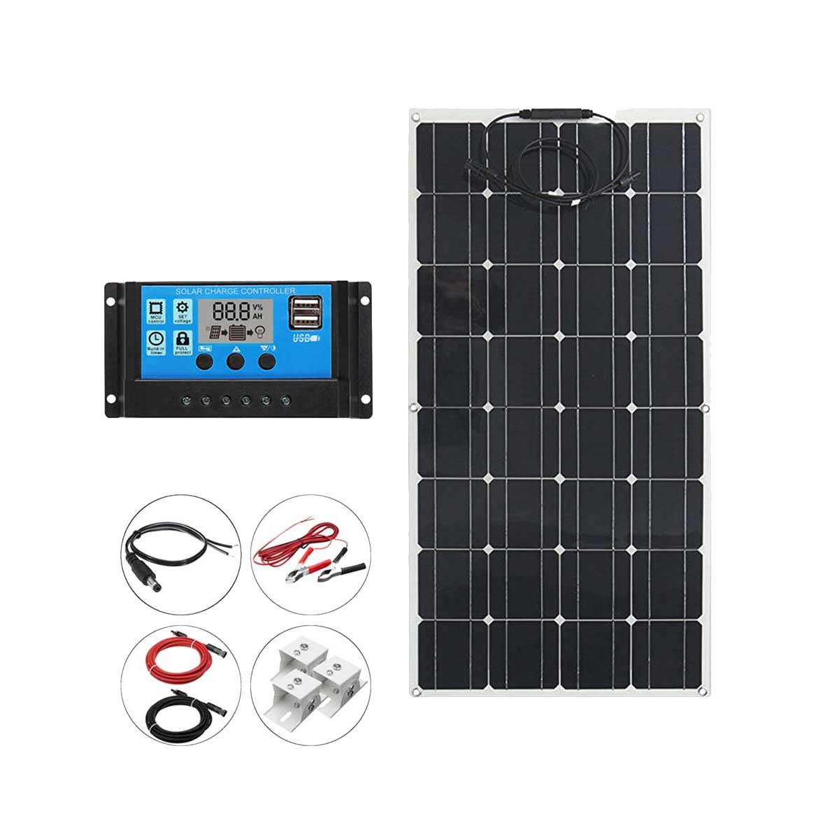 100W 12V Monocrystalline Solar Panel + Solar Controller + One Pair 3m Extension Cable + 2*Alligator 
