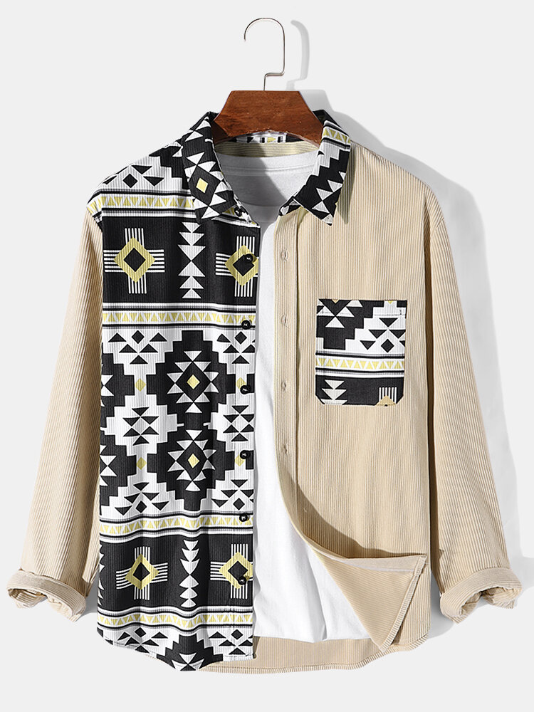 Heren geometrisch patroon patchwork borstzak corduroy shirts met lange mouwen