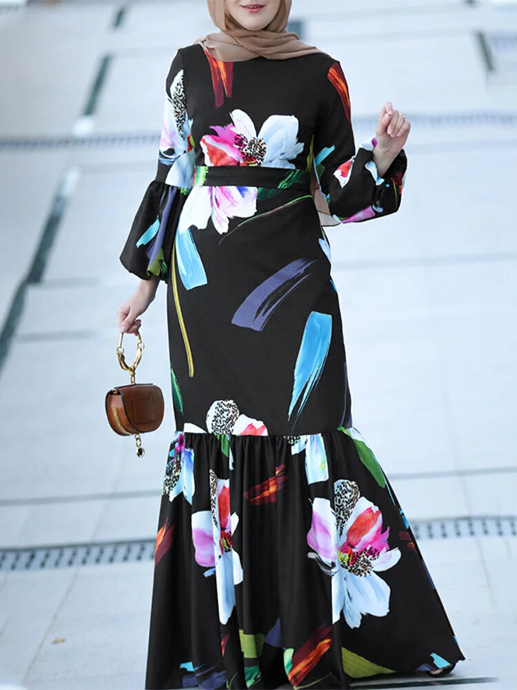 Women Floral Print Puff Sleeve Ruffle Hem O-Neck Zipper Casual Retro Maxi Dress