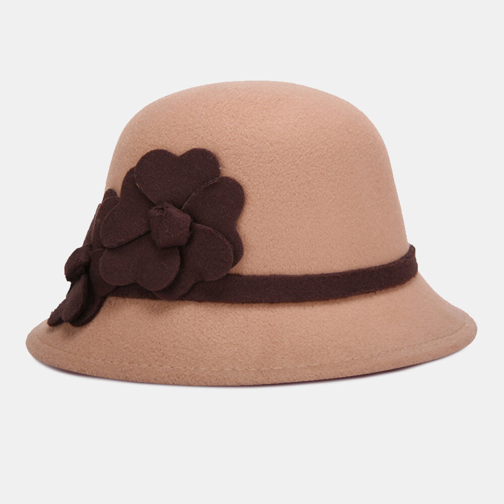 Women Artificial Wool Dome Short Brim Flower Decoration Felt Hat Bucket Hat Casual Autumn Winter War