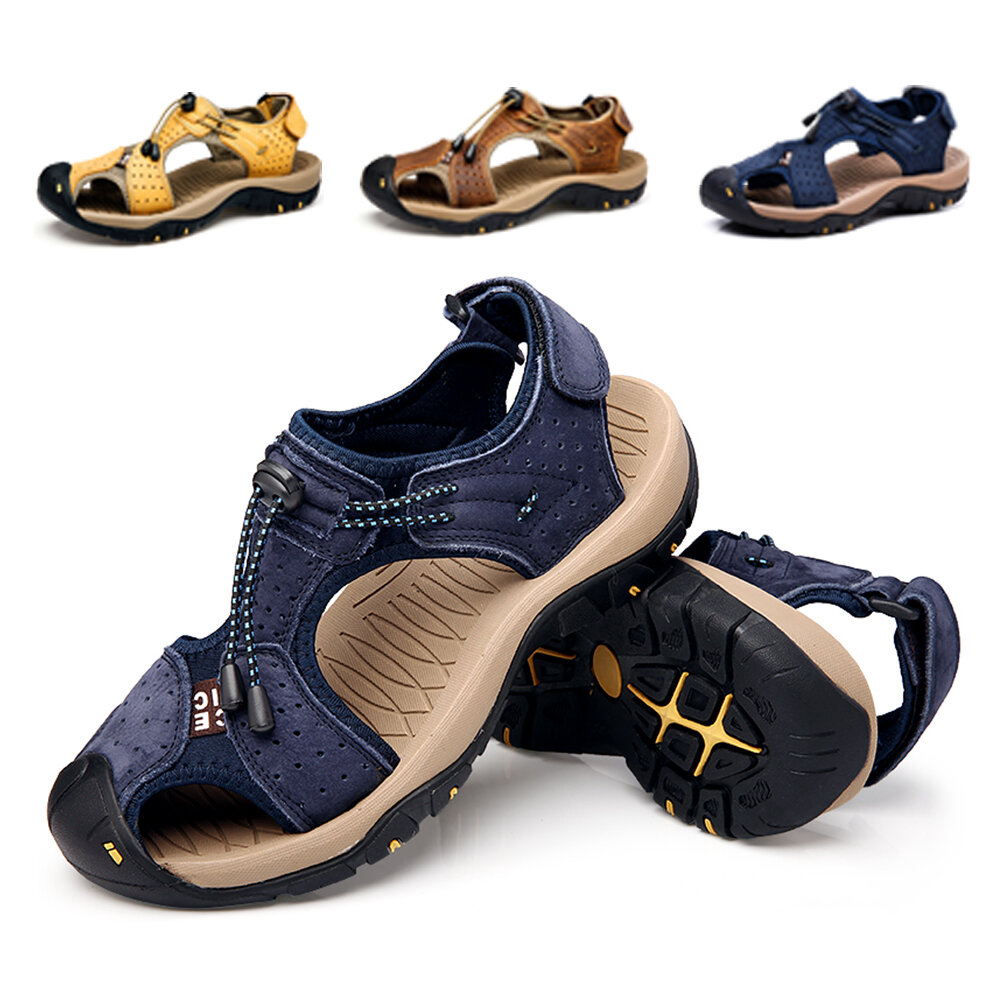 GRACOSY Sandálias de couro masculinas Sapatos de caminhada para caminhadas Sandálias de trekking ao ar livre Calçados esportivos respiráveis Gancho Sapatos de cintura