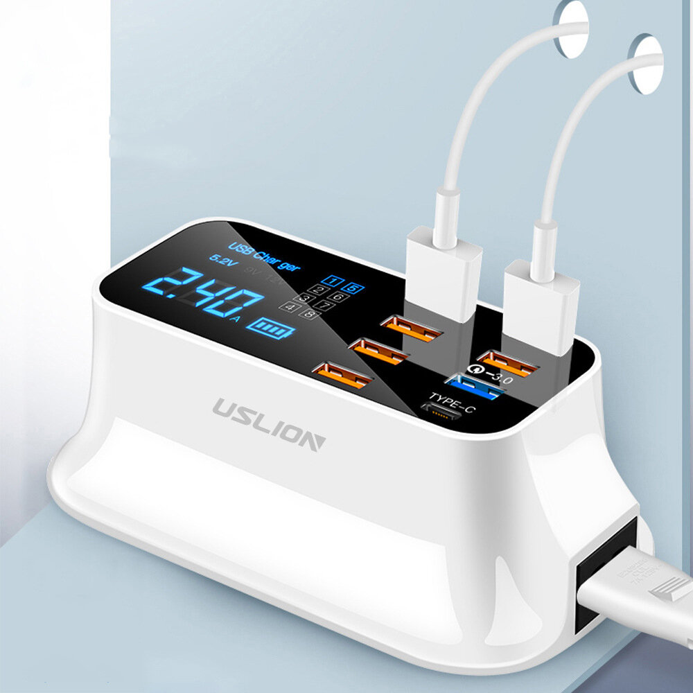 USLION US Plug 8-Port USB Charger Docking Station 18W PD3.0 Power Delivery Type-C Port LED Digital Display Power Supply