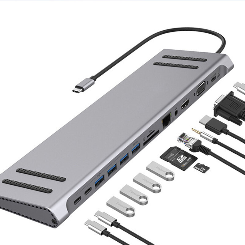 

13 in 1 Type-C Docking Station USB-C Hub Splitter Adaptor with USB2.0*3 USB3.0 Type-C*3 HDMI RJ45 VGA SD/TF Card Reader