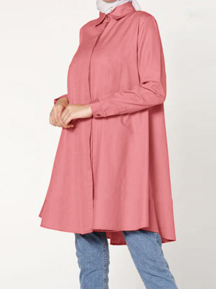 Dames casual effen kleur revers lange mouw lange losse moslim blouse