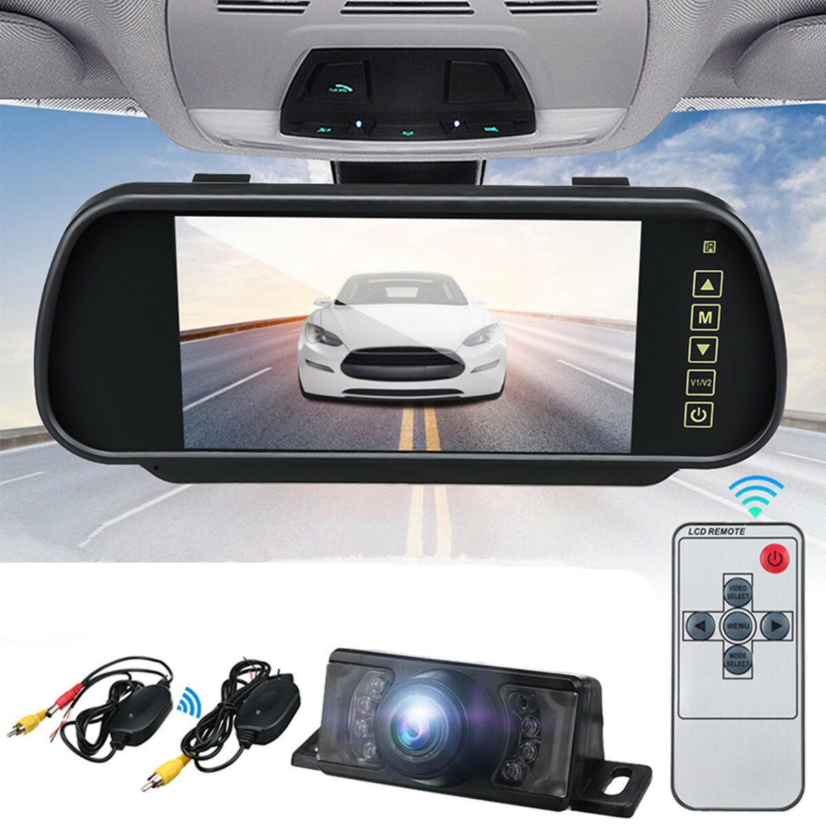 Wireless 7 Inch LCD Mirror Monitor Car Rear View IR Reversing Camera Night Vision