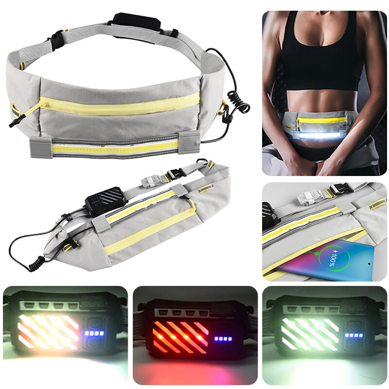 Sac de ceinture de course avec lumière LED, sac de sport imperméable, sac banane unisexe pour la course à pied