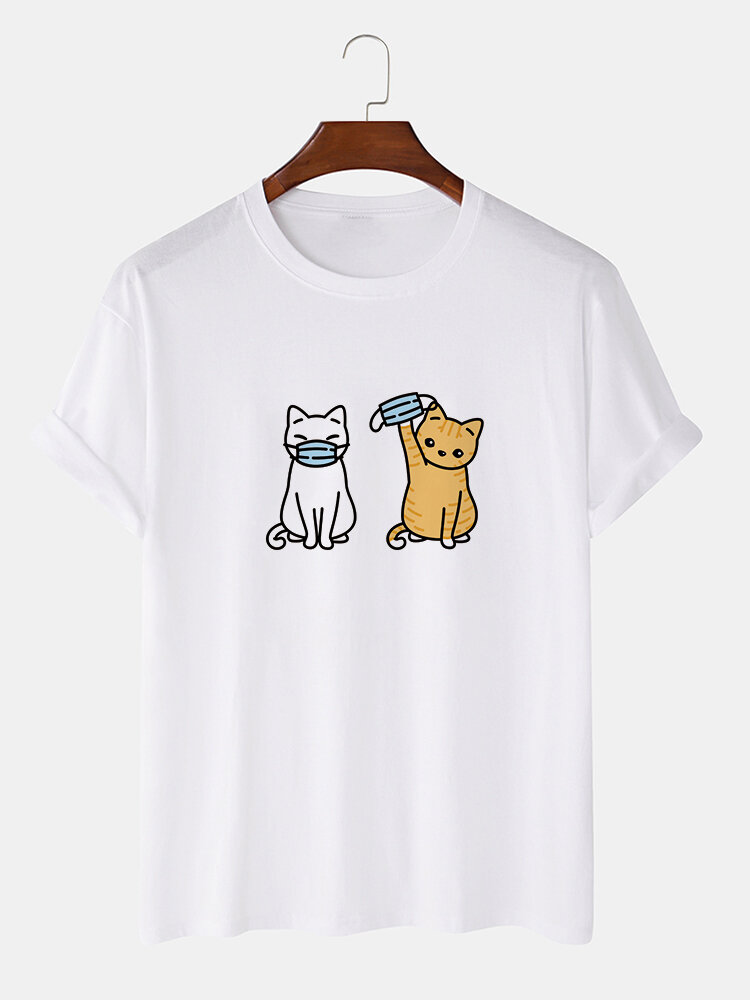 Heren 100% katoen grappige cartoon kat bedrukte T-shirts met korte mouwen