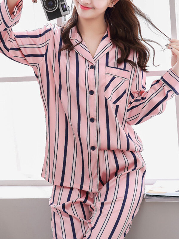 Women Classic Striped Camp Collar Long Sleeve Elastic Faux Silk Waist Home Cozy Pajama Set