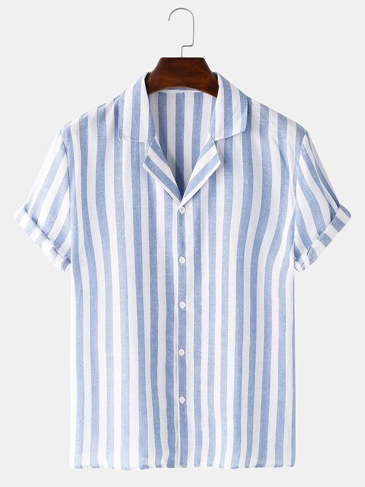 

Banggood Design Men Cotton Stripe Lane Print Short Sleeve Revere Shirts