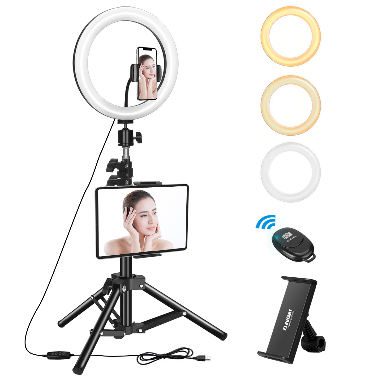 

ELEGIANT EGL-06 10 inch 3 Color Modes Dimmable LED Ring Full Light Tripod Stand Live Selfie Holder with Remote Control f
