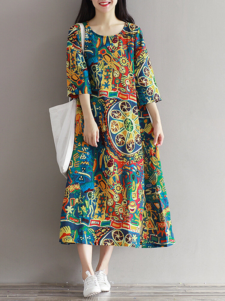 Women Floral Printed Loose 3/4 Sleeves O-Neck Dress