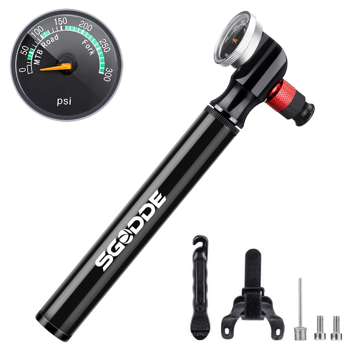 

SGODDE 300 PSI Mini Bicycle Pump with Pressure Gauge Portable Bike Air Pump with Presta & Schrader for MTB Road Bike Mou
