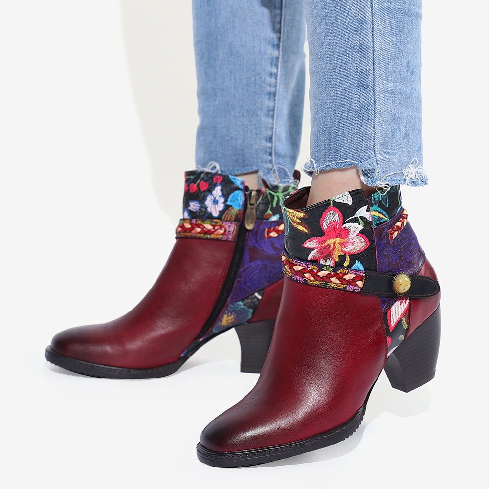 

SOCOFY Женская цветочная бордовая пряжка с квадратным носком и теплой подкладкой на молнии до щиколотки Ботинки
