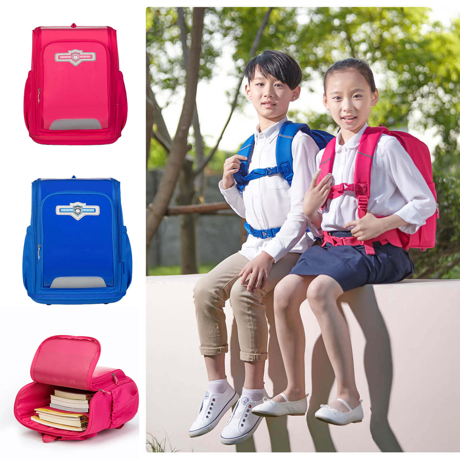 Mochila Xiaoyang para crianças e estudantes, protege a coluna vertebral e reduz a carga, de cor vermelha, para meninos e meninas