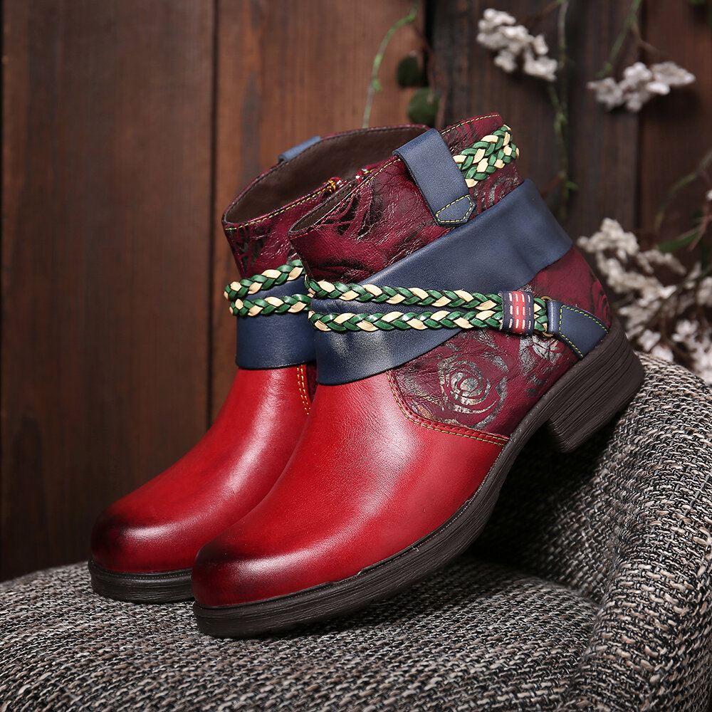 

SOCOFY Printed Outdoor Woven Rope Splicing Side-zip Round Toe Block Heel Ankle Boots