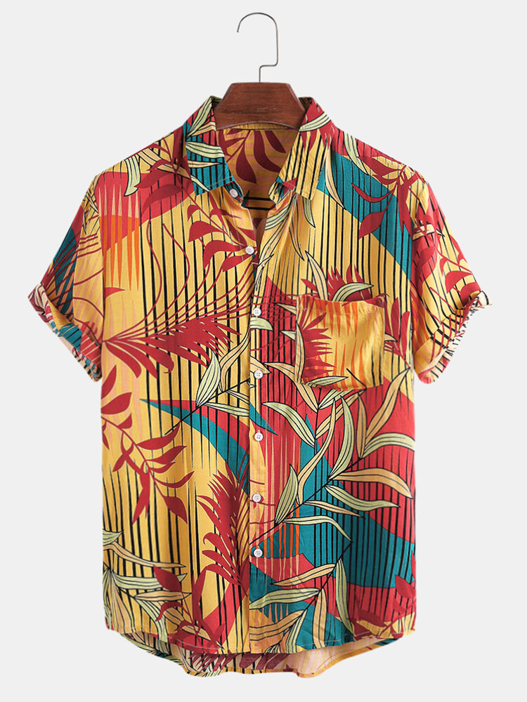 Mens Vertical Line Leaves Print Colorful Hawaii Holiday Short Sleeve Shirts